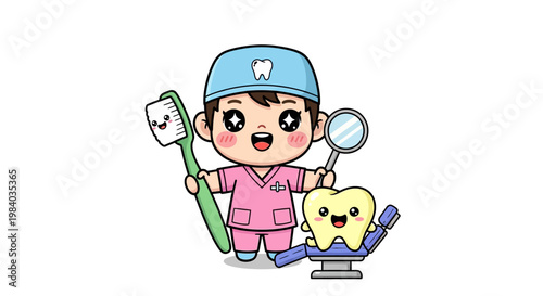 Cartoon dentist with toothbrush and mirror.