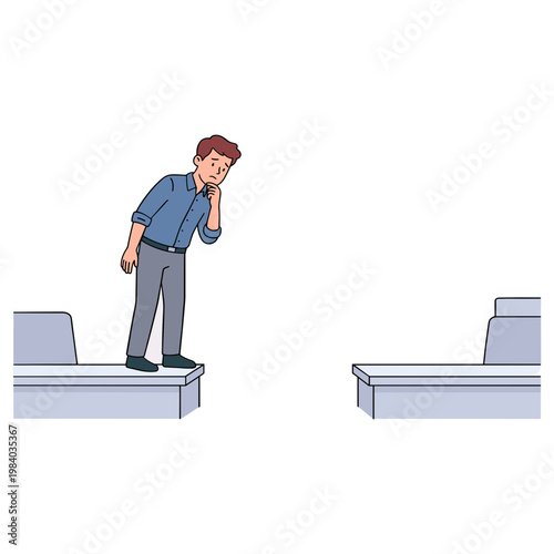 Man standing on a ledge with a worried expression looking at a gap