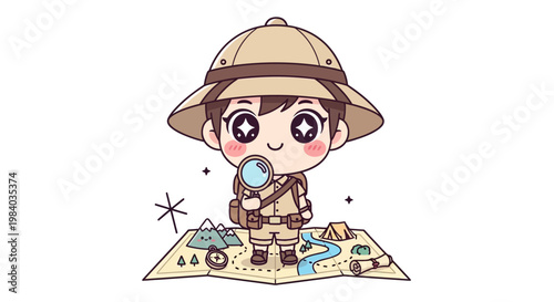 Cartoon kid explorer with magnifying glass.