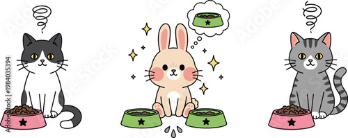 Cute Pet Feeding Collection with Cats and Rabbit Eating Food Bowls Adorable Animal Cartoon Character Vector Illustration Set