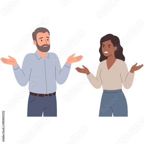 A man and woman gesturing confusion in an indoor setting with palms up