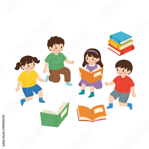 Children reading books together outside school.