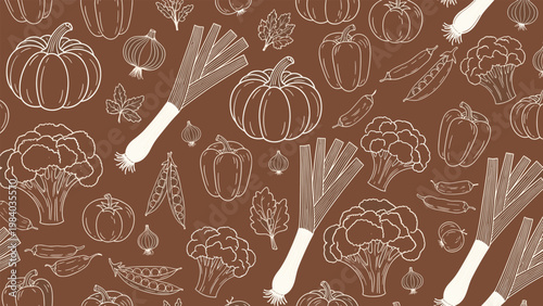 Seamless pattern design featuring white line art illustrations of various vegetables like pumpkin and broccoli on a warm brown background.