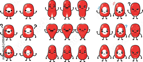 Tableau sur toile Red Blood Cell Cartoon Collection with Different Shapes and Expressions Cute Bio