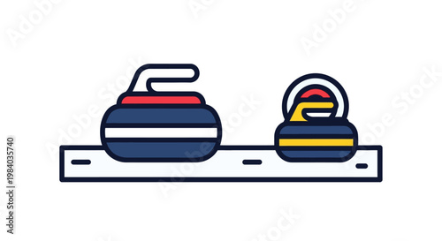 Curling stones on ice rink surface.