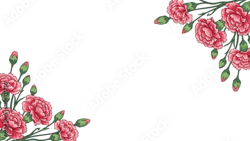 Beautiful corner floral arrangements consisting of pink carnations and green buds on a clean white background for copy space.