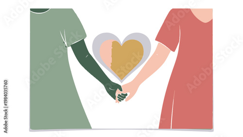 Illustration of two people holding hands with a heart between them on a white background.