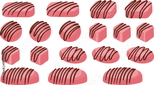 Strawberry Chocolate Candy Collection with Pink Confectionery Pieces and Drizzled Topping Dessert Food Vector Illustration Set
