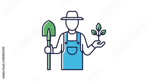 Farmer Holding Shovel and Green Plant.