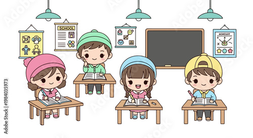 Wallpaper Mural Four cartoon children sitting at desks. Torontodigital.ca