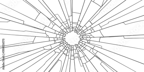 An abstract black and white line drawing of a shattered window glass with a central impact point.
