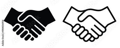 Black and white handshake icons side by side on white background shaking hands agreement, partnership and trust symbol
