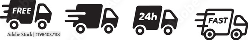 Delivery Service Truck Icons Set, Free Shipping, Fast Delivery, and 24h Courier Line Art.