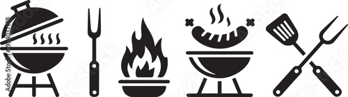 BBQ Grill and Cooking Tools Icons Set, Barbecue Fire, Utensils, and Outdoor Cooking Line Art.