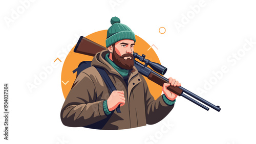 Bearded hunter in warm winter gear carries a professional rifle with a scope over his shoulder against a circular orange background.