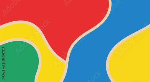 Vibrant abstract shapes in red, blue, green, and yellow create dynamic illustration.