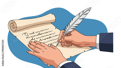 Person uses a white quill pen to write elegant script on an old parchment scroll against a soft blue textured background.