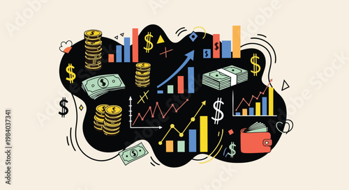 A colorful illustration of various business and finance symbols floating in a creative concept.