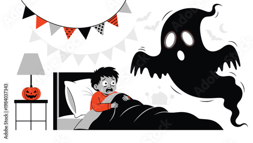 Young boy lies awake in bed looking terrified as a large spooky ghost shadow looms on his wall during a Halloween night.