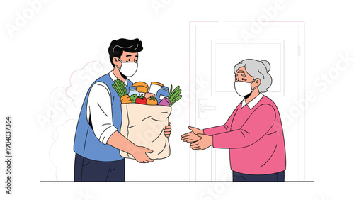Helpful volunteer wearing a medical mask delivers a large paper bag of fresh groceries to an elderly woman at her doorstep.