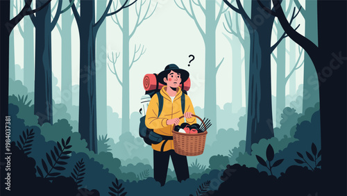 Confused hiker with a large backpack and a basket of apples looks around lost while standing in a dense misty forest of tall trees.