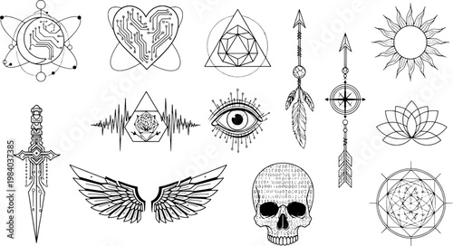 Advanced Cyber-Defense and Ethical Hacking Security Icon Set with Technical Black Line Art.