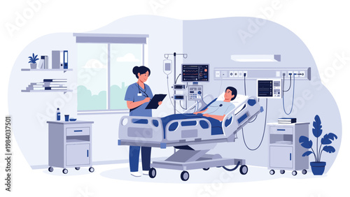 Concerned nurse in blue scrubs checks on a patient lying in a hospital bed surrounded by advanced medical monitoring equipment.