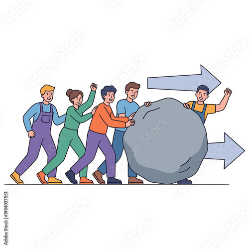 People pushing large stone together in different directions with effort
