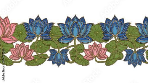 Traditional Sri Lankan Lotus Flower Border Seamless Vector Pattern – Cultural Ornament Design in Vibrant Natural Colors on White Background