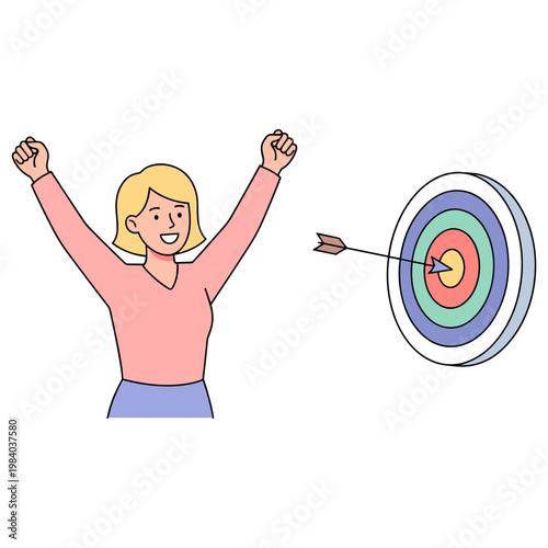 Woman celebrates hitting bullseye with arrow on colorful target