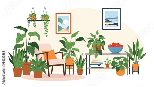 Tranquil living room corner features a cozy armchair surrounded by a variety of lush green indoor plants in terracotta pots.