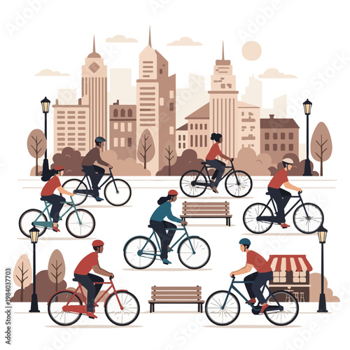 A city scene depicting people cycling