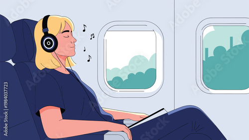 Relaxed woman wears headphones and listens to music while sitting on an airplane during a flight with cloudy views through the window.