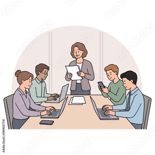 A woman presents a document to a group of people sitting around a conference table with laptops.