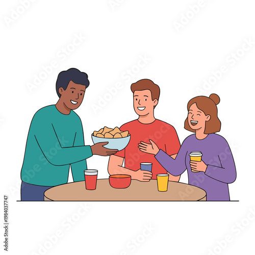 Three friends sharing snacks and drinks at a table indoors