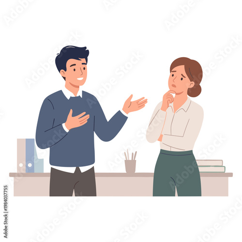 A man and woman discuss and interact at an office desk with binders and pencils.