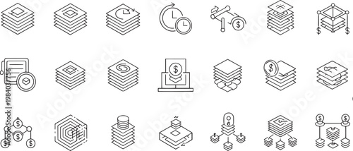 Blockchain Technology and Financial Data Processing Isometric Line Icon Set