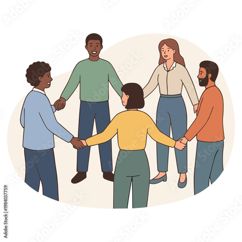 Diverse group of people joining hands in a circle for unity and support indoors