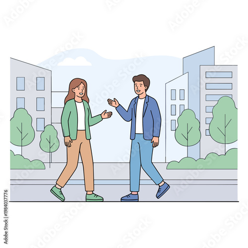 A man and woman meet on a city street exchanging information casually outdoors.