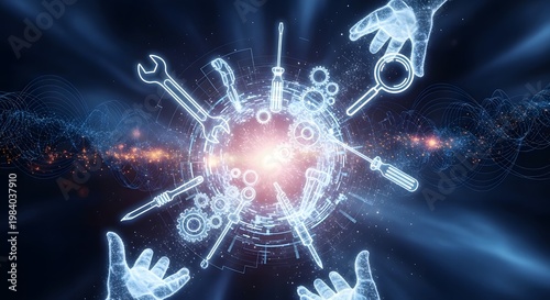 Digital mechanical tools workshop maintenance repair concept with luminous light background.