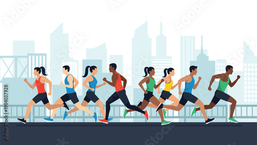 Diverse group of male and female athletes runs a city marathon along a bridge with a skyline of tall buildings in the background.