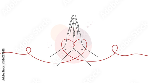 Two hands are pressed together in prayer with a red thread forming a heart shape on a white background with abstract circles.