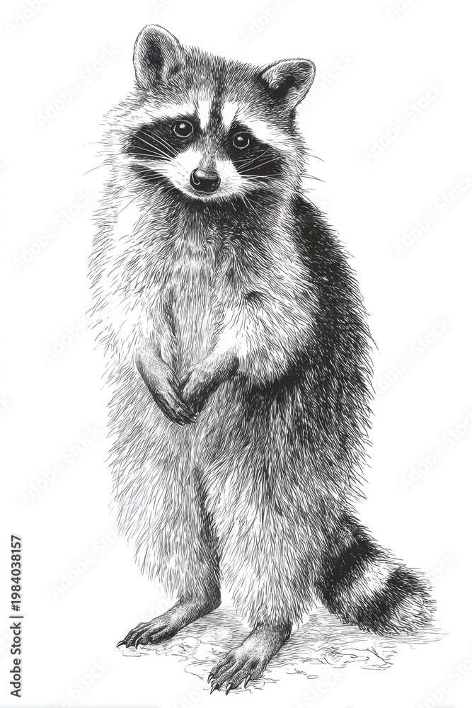 Naklejka premium Black and white engraving of raccoon standing upright detailed wildlife animal nature cute pose