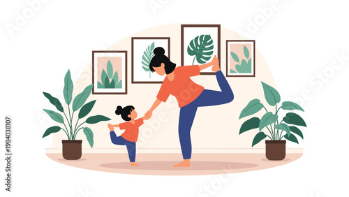 Energetic mother and her young daughter practice a yoga balance pose together in a bright room decorated with many plants and pictures.