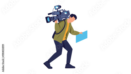 Professional cameraman carrying a large video camera on his shoulder walks forward while holding a blue sheet of paper.