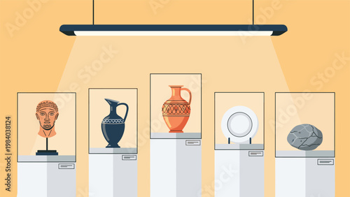 Museum gallery showcases ancient artifacts including a marble bust, pottery vases, and a plate under bright spotlights in glass cases.