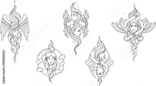 Professional Mythological Duality and Symbolic Duality Tattoo Design Set with Fine Black Lines.