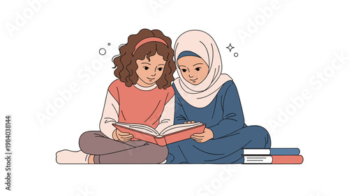 Two young girls, including one in a light beige hijab, sit on the floor and focus intently on reading an open storybook together.