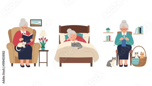 Elderly woman enjoys her daily routine at home by reading in an armchair, sleeping in bed, and knitting while surrounded by her pet cats.