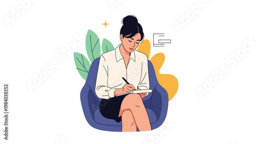 Professional young woman sits comfortably in a blue armchair while focused on writing notes or ideas in her notebook during a work session.
